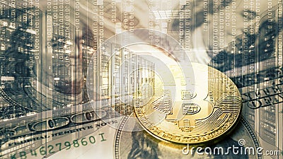 Double exposure background of bitcoin golden coin on us banknote background overlay with computer mainframe room and digital code Stock Photo