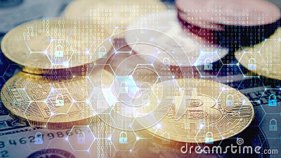 Double exposure background of bitcoin golden coin on us banknote background overlay with encryption symbol and digital code Stock Photo