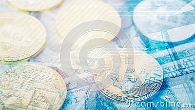Background of bitcoin golden coin on us banknote background overlay with digital circuit symbol and digital code Stock Photo