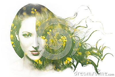 Double exposure of beautiful Caucasian woman Stock Photo