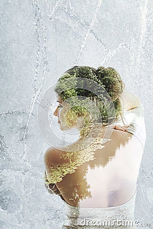 Double exposure of Beautiful girl portrait and landscape Stock Photo