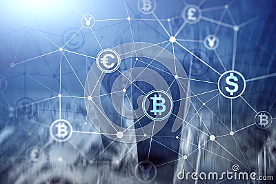 Double exposure Bitcoin and blockchain concept. Digital economy and currency trading Stock Photo
