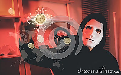 Double exposure of bitcoin cryptocurrency, growing graph with rich male hacker, making more money. Technology, Blockchain, Stock, Stock Photo