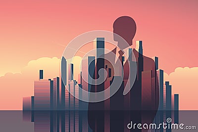 Double exposure business concept vector background. Businessman in front of modern corporate city skyline. Cartoon Illustration