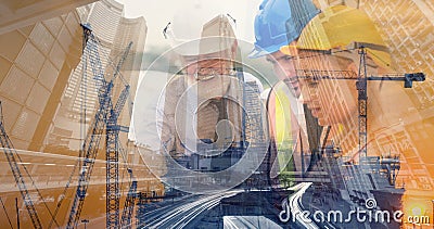 Double Exposure Business Construction Industry and Engineering Concept, Businesspeople are Brainstorming and Planning Together for Stock Photo