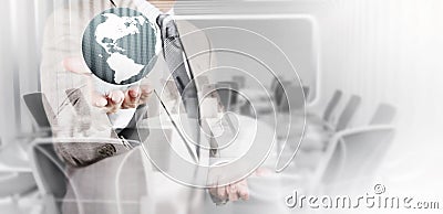 Double exposure of business holding the earth Stock Photo