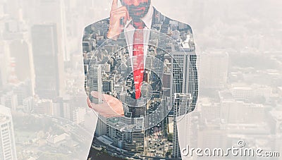 Double exposure with business man and city Stock Photo