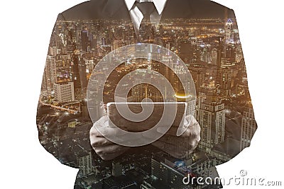 Double exposure of business man holding tablet isolated on white background Stock Photo