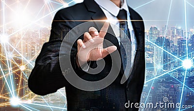 Double exposure of business man pointing space on city night background Stock Photo