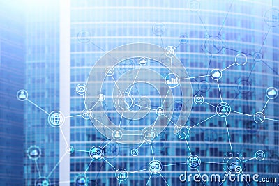 Double exposure Business organization structure on blurred background Stock Photo