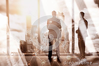 Double exposure Business organization structure on blurred background Stock Photo