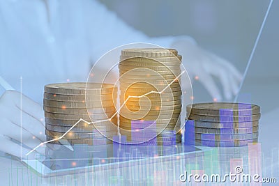 Double exposure business people are accounting for income and corporate growth job listings. Bar diagrams and line graphs Row o.f Stock Photo