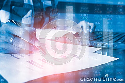 Double exposure business people analysis financial accounting Stock Photo