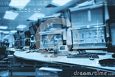 Double exposure of business stock trading room with computer and Stock Photo