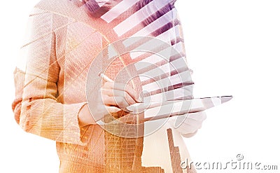 Double exposure business woman using tablet with clipping path inside image data Stock Photo