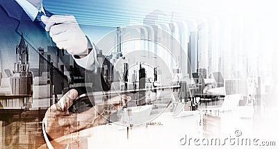 Double exposure of businessman and abstract city Stock Photo