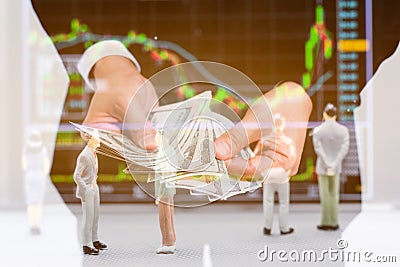 Double exposure. Businessman are counting pile money hundread do Stock Photo