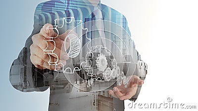 Double exposure of businessman hand draws gear Stock Photo