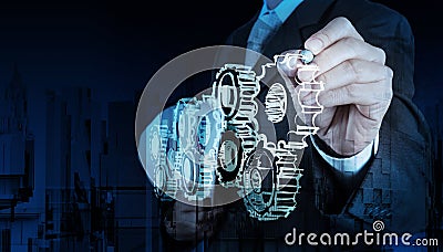 Double exposure of businessman hand draws Stock Photo