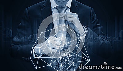 Double exposure, businessman holding necktie with global network connection, Global business and business network connection techn Stock Photo