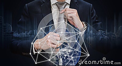 Double exposure, businessman holding necktie with global network connection, Global business and business network connection techn Stock Photo