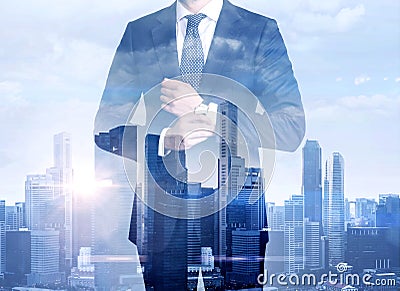 Double exposure of businessman and megalopolis Stock Photo