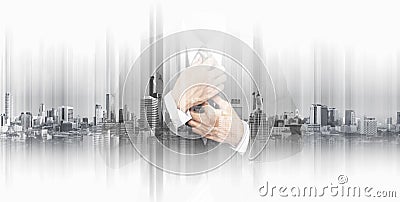 Double exposure businessman with panoramic Bangkok cityspace background Stock Photo