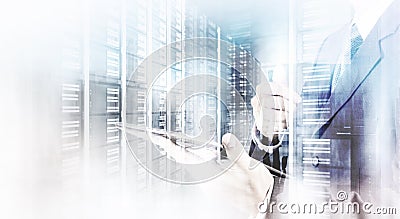 Double exposure of businessman shows modern technology Stock Photo