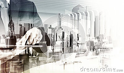 Double exposure of businessman shows modern technology Stock Photo