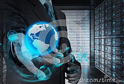 Double exposure of businessman shows modern technology Stock Photo