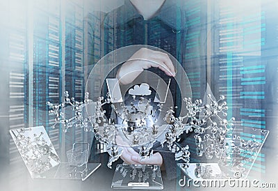 Double exposure of businessman shows modern technology Stock Photo