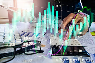 Double exposure businessman and stock market or forex graph suitable for financial investment concept. Economy trends background Stock Photo