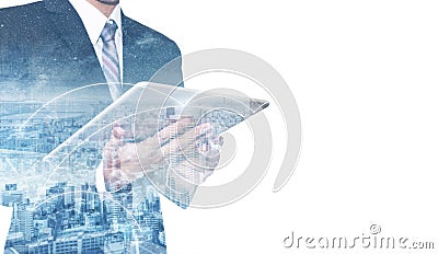 Double exposure businessman using digital tablet, and cityscape. Business network and communication technology Stock Photo