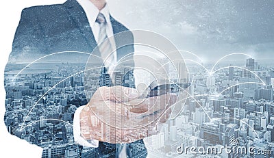 Double exposure businessman using mobile smart phone, and network connection technology in the city. Business network, blockchain Stock Photo