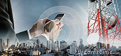 Double exposure businessman using smartphone with cityscape, and telecommunication towers Stock Photo