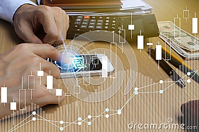 Double exposure of businessman using smartphone with stock market or financial graph for financial investment and trading concept Stock Photo