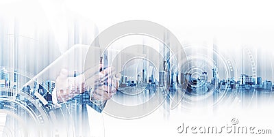 Double exposure businessman working on digital tablet, concepts of business technology network Stock Photo