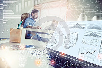Double exposure. businessman working in modern office with modern technology. growth charts, business concept, strategy Stock Photo