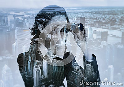 Double exposure of businesswoman with binocular and megalopolis Stock Photo