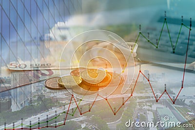Double exposure of city, graph, banknote and coins money Stock Photo