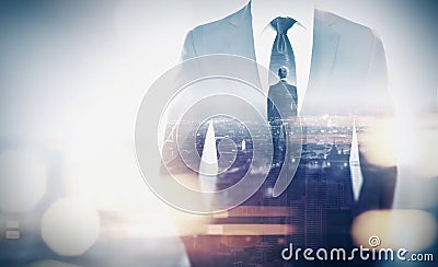 Double exposure concept with businessman silhouette. With special lighting effects Stock Photo