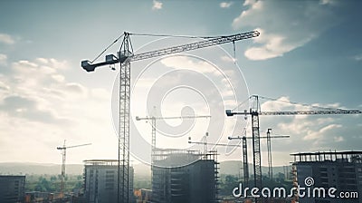 Double exposure of construction buildings cranes and buildings foggy sky background generated ai Stock Photo