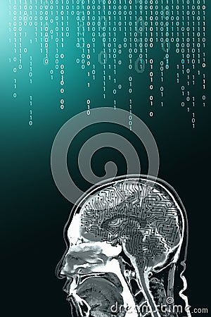 Double exposure of digital ai tecnology abstract background of human brain from MRI with background of digital code Stock Photo