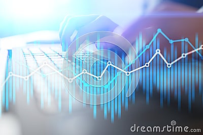 Double exposure economic charts and graphs on virtual screen. Online trading, Business and finance concept. Stock Photo