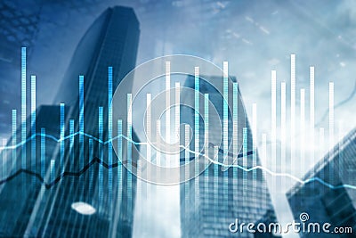 Double exposure Economics growth diagrams on blurred background. Business and investment concept Stock Photo