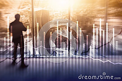 Double exposure Economics growth diagrams on blurred background. Business and investment concept Stock Photo