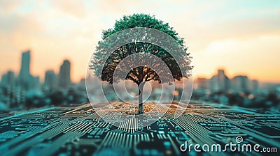 Double Exposure Effect of a Circuit Board Tree - Futuristic Digital Nature Art, Circuit Board Tree Design, and Tech Nature Fusion Stock Photo