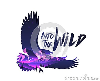 Double exposure effect eagle hawk silhouette with night mountains landscape with into the wild caption. Vector illustration Cartoon Illustration