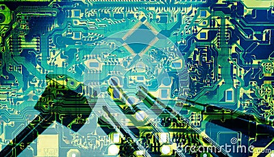 Double exposure electronic circuit board and tools repair for background Stock Photo