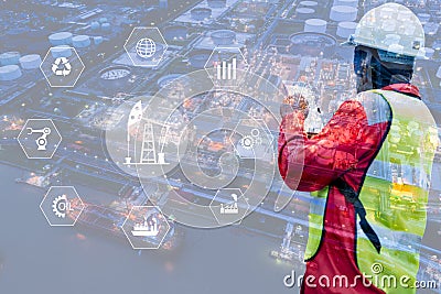 Double exposure of Engineer with oil refinery industry plant background, industrial instruments in the factory and physical system Stock Photo